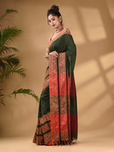 Load image into Gallery viewer, Green Cotton Handwoven Soft Saree With Paisley Border
