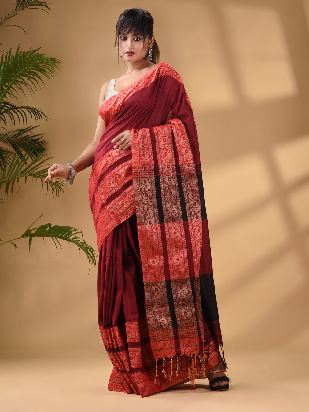 Dark Red Cotton Handwoven Soft Saree With Paisley Border