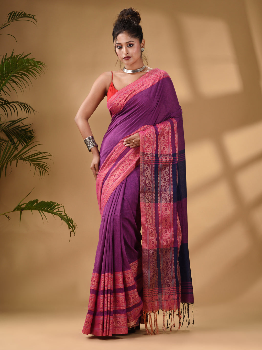Violet Cotton Handwoven Soft Saree With Paisley Border