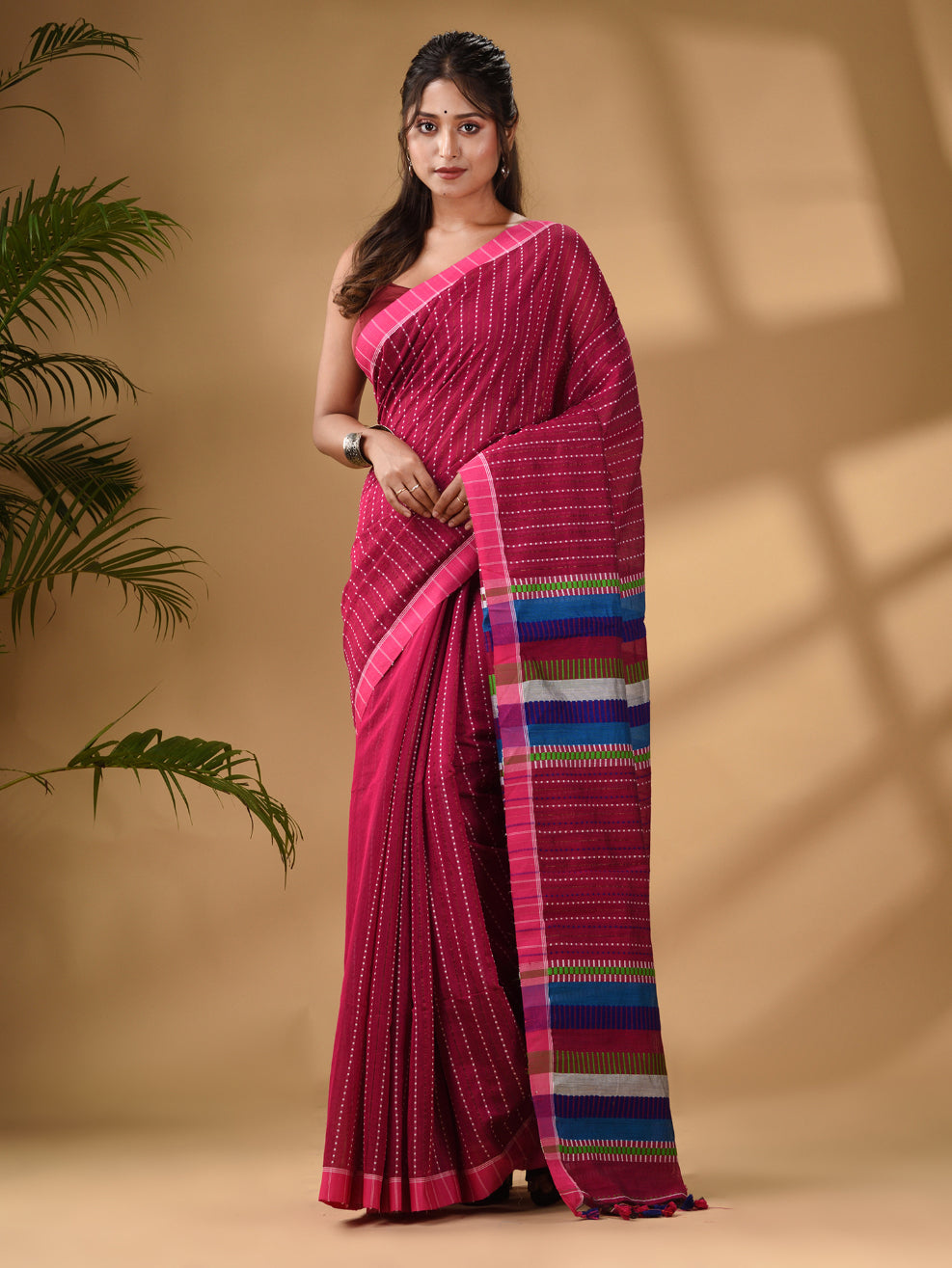 Pink Handwoven Kantha Style Cotton Silk Saree