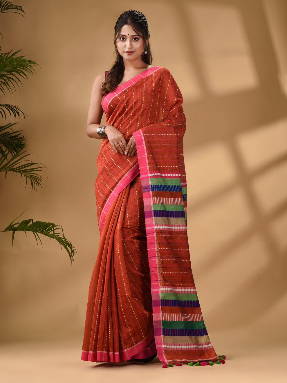 Brick Red Handwoven Kantha Style Cotton Silk Saree