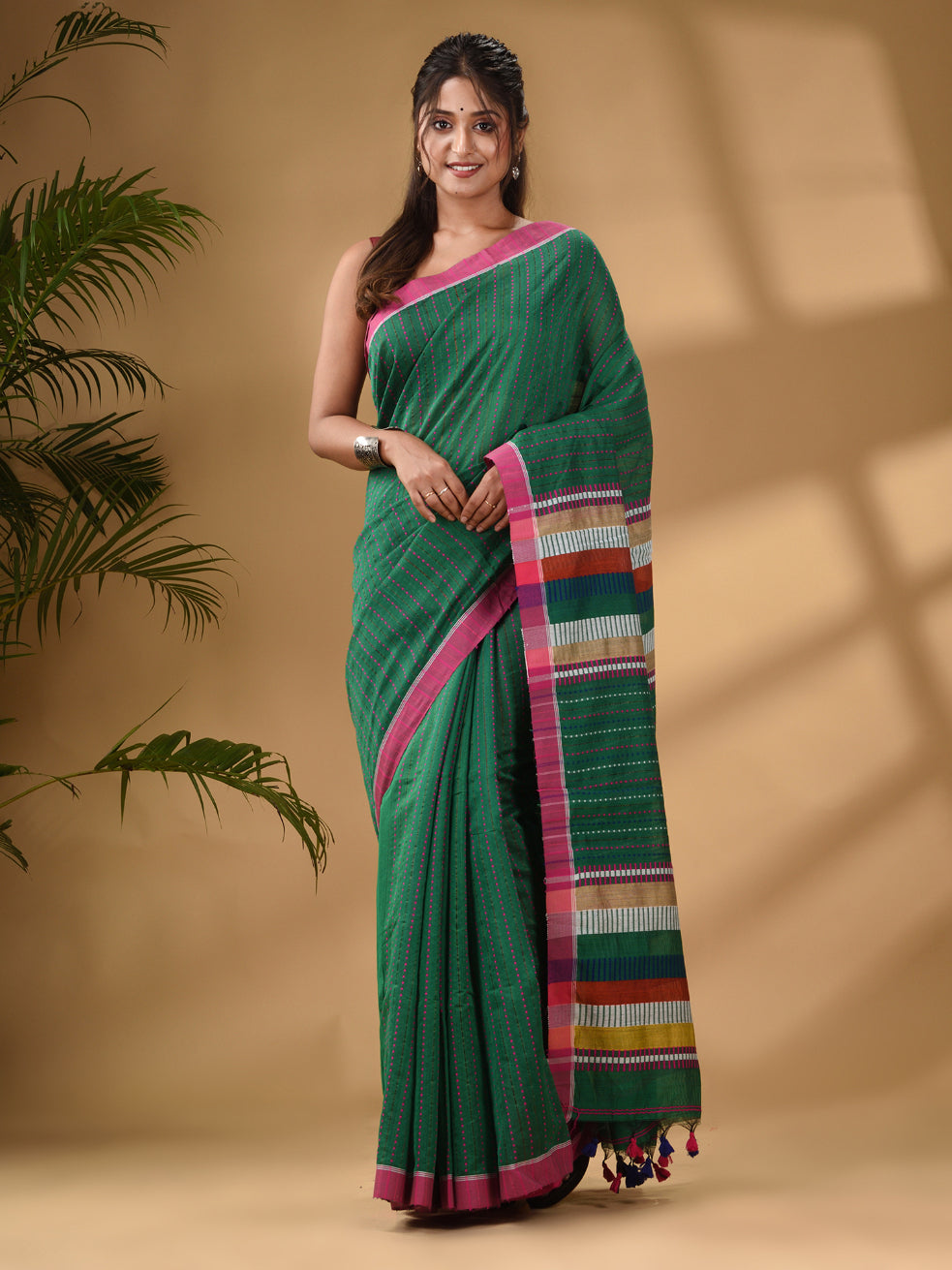 Green Handwoven Kantha Style Cotton Silk Saree