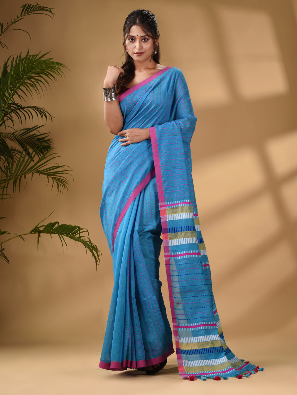 Sky Blue Handwoven Kantha Style Cotton Silk Saree
