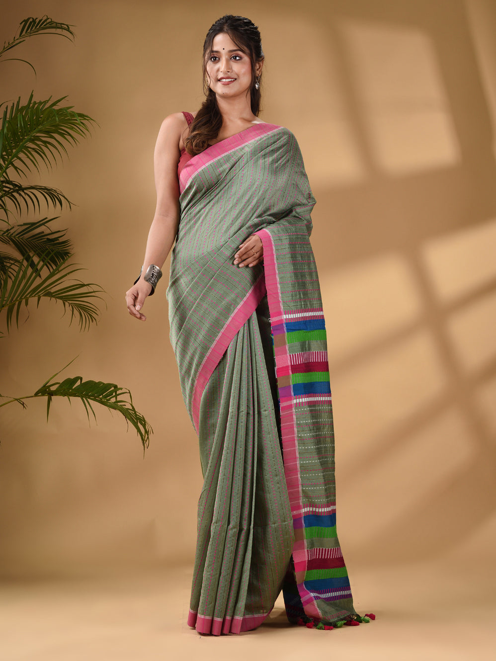 Pistachio Green Handwoven Kantha Style Cotton Silk Saree