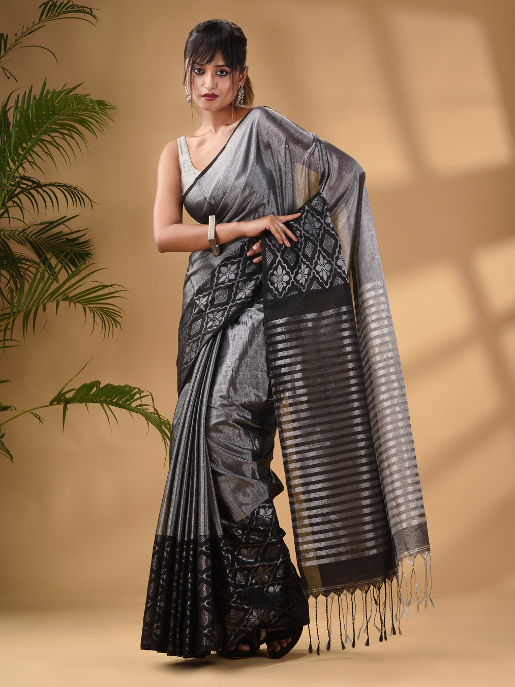 Black Tissue Handwoven Saree With Texture Border