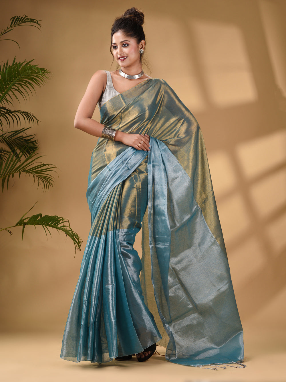Teal And Gold Tissue Handwoven Soft Saree