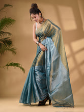 Load image into Gallery viewer, Teal And Gold Tissue Handwoven Soft Saree
