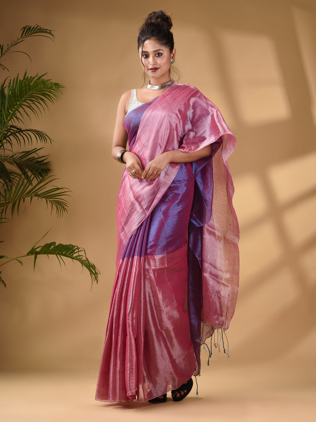 Blue And Pink Tissue Handwoven Soft Saree
