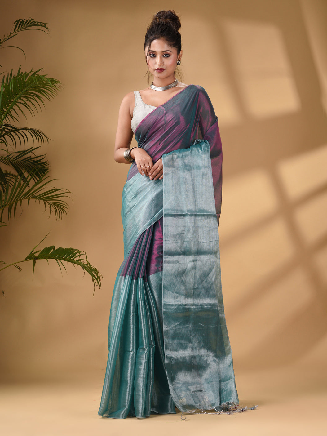 Teal And Purple Tissue Handwoven Soft Saree