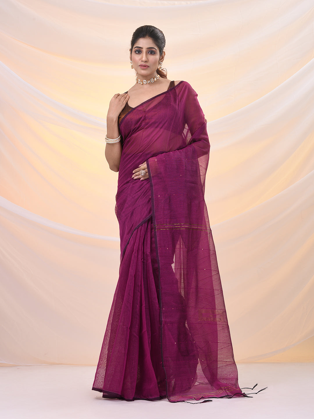 Magenta Cotton Blend Saree With Sequin Work