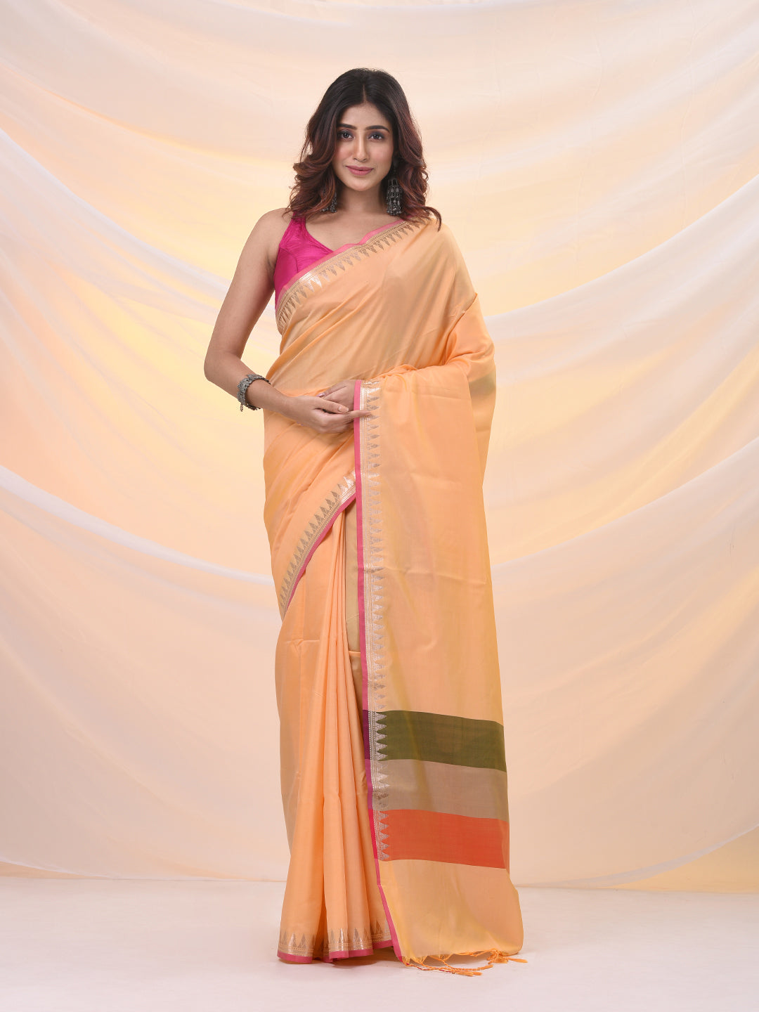 Yellow Silk Blend Soft Saree With Temple Zari Border