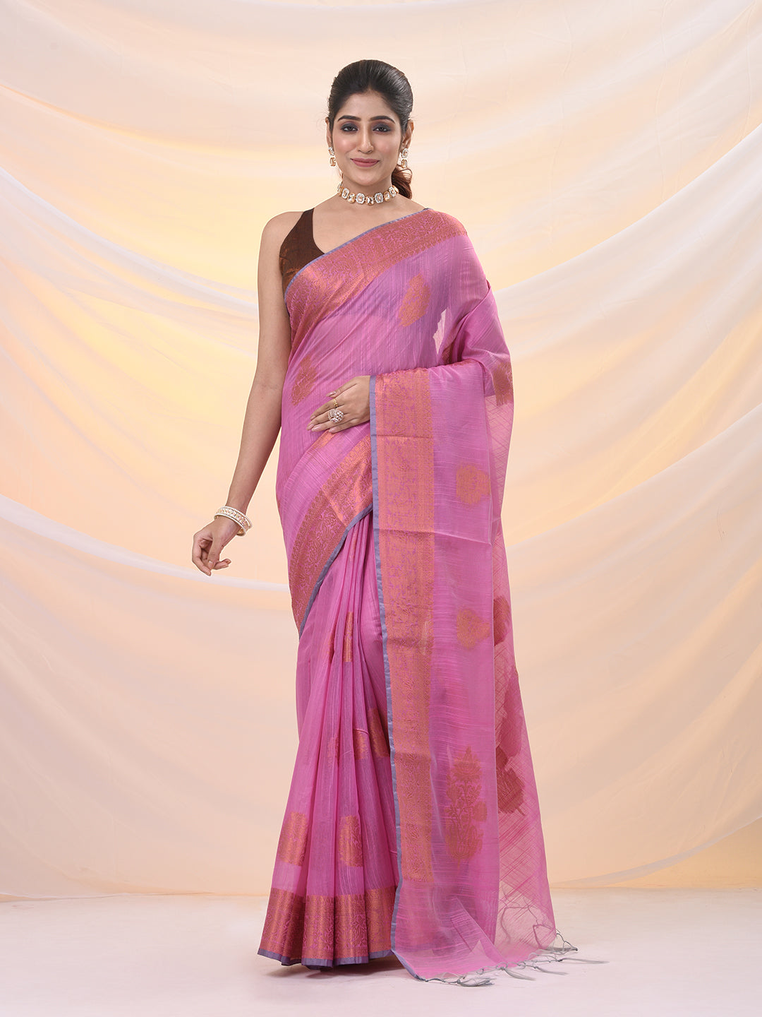 Pink Silk Blend Saree With Nakshi Zari Borders