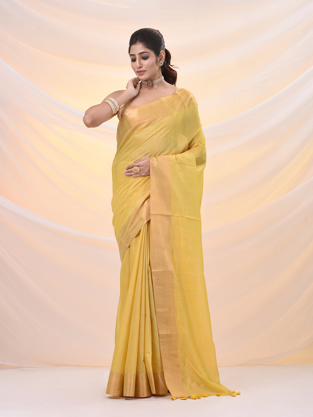 Yellow Silk Blend Soft Saree With Zari Borders