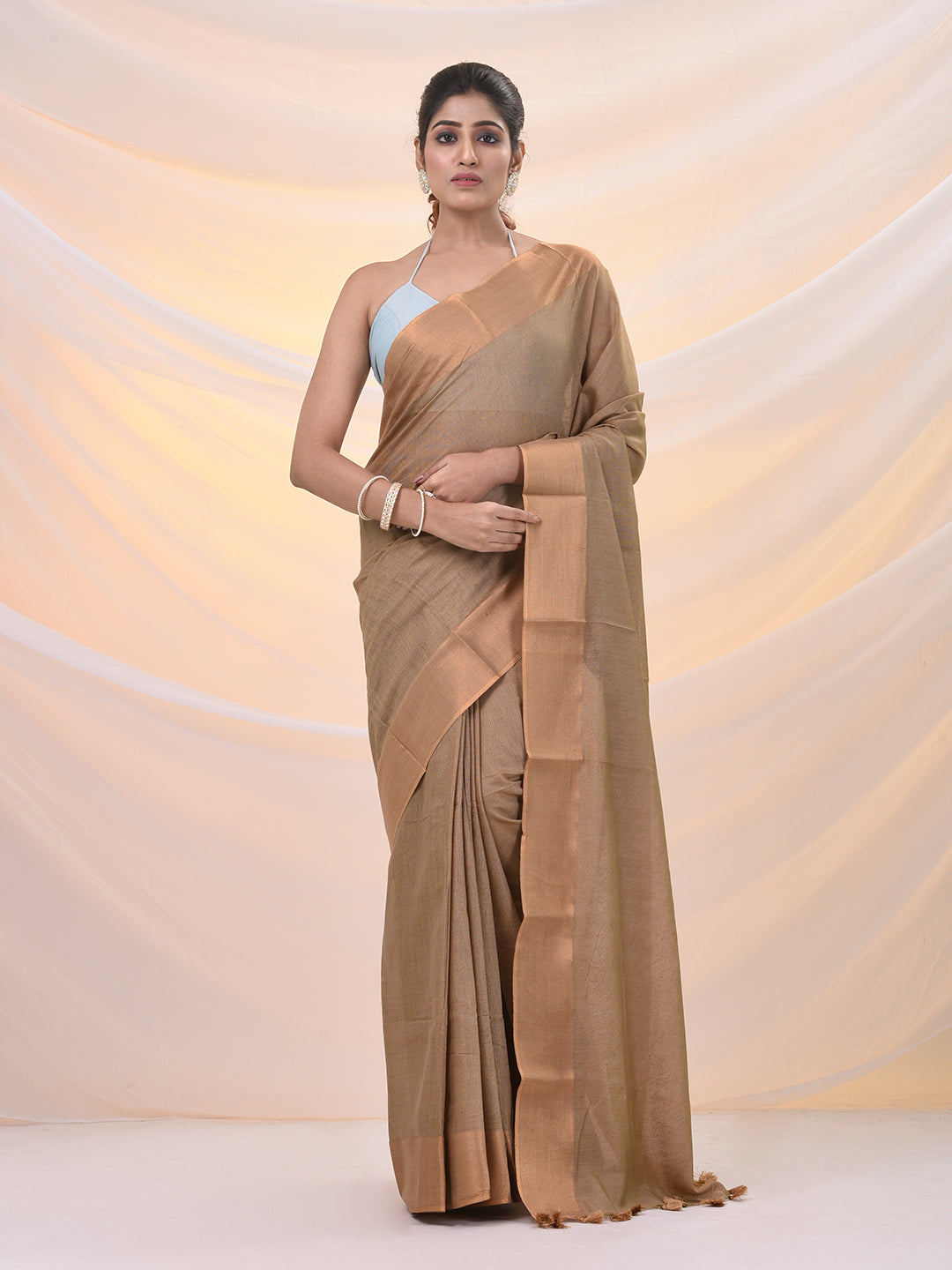 Beige Silk Blend Soft Saree With Zari Borders