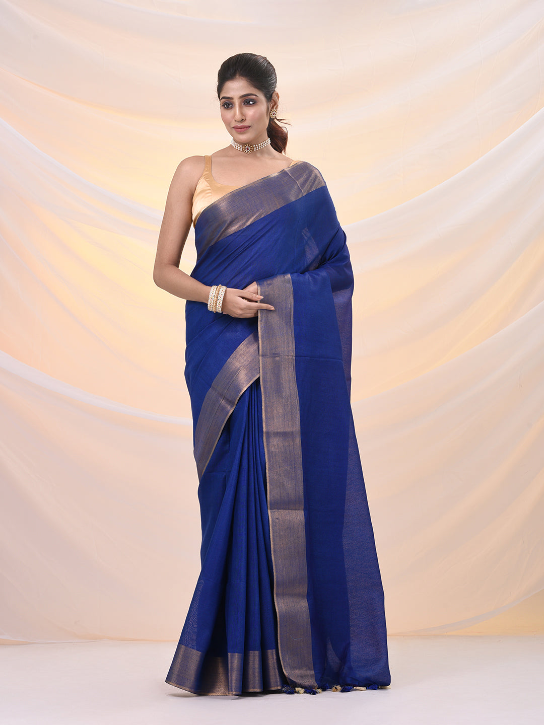 Blue Silk Blend Soft Saree With Zari Borders