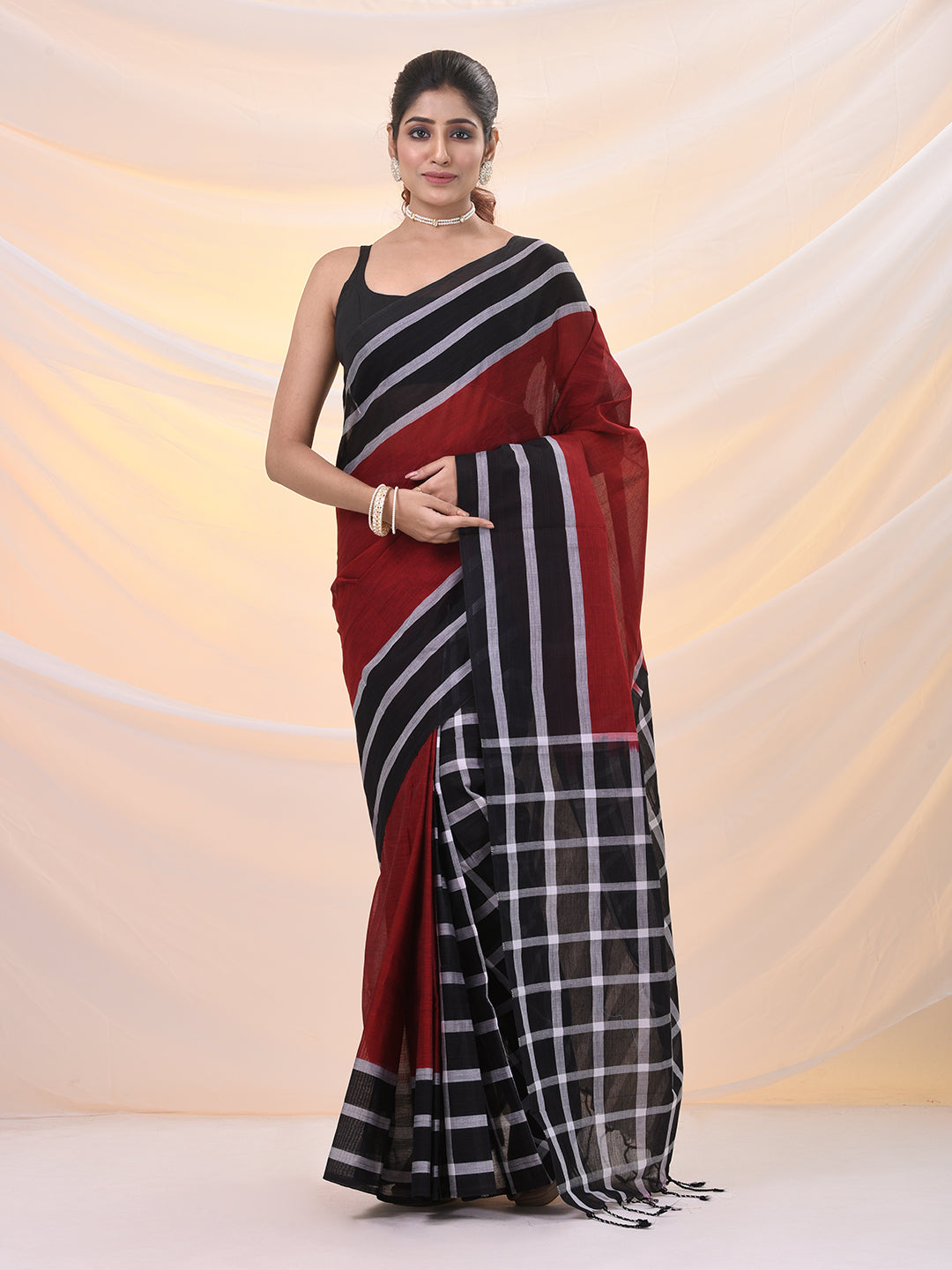 Red And Black Cotton Handspun Soft Saree With Stripes Borders