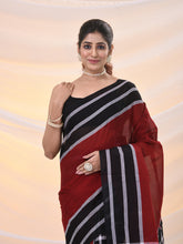 Load image into Gallery viewer, Red And Black Cotton Handspun Soft Saree With Stripes Borders
