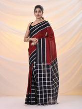 Load image into Gallery viewer, Red And Black Cotton Handspun Soft Saree With Stripes Borders
