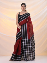 Load image into Gallery viewer, Red And Black Cotton Handspun Soft Saree With Stripes Borders

