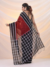 Load image into Gallery viewer, Red And Black Cotton Handspun Soft Saree With Stripes Borders
