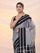 Load image into Gallery viewer, Grey And Black Cotton Handspun Soft Saree With Stripes Borders
