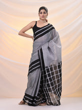 Load image into Gallery viewer, Grey And Black Cotton Handspun Soft Saree With Stripes Borders

