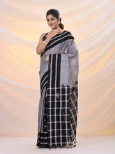 Load image into Gallery viewer, Grey And Black Cotton Handspun Soft Saree With Stripes Borders
