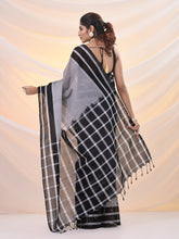 Load image into Gallery viewer, Grey And Black Cotton Handspun Soft Saree With Stripes Borders

