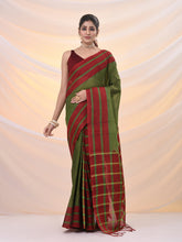Load image into Gallery viewer, Green And Red Cotton Handspun Soft Saree With Stripes Borders
