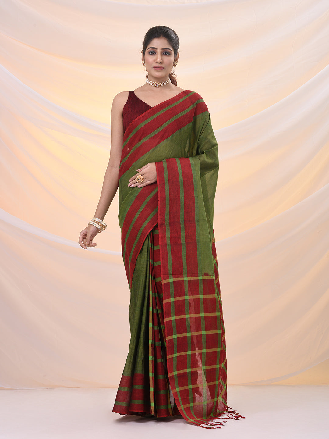 Green And Red Cotton Handspun Soft Saree With Stripes Borders