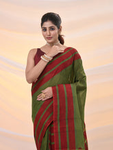 Load image into Gallery viewer, Green And Red Cotton Handspun Soft Saree With Stripes Borders
