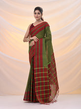Load image into Gallery viewer, Green And Red Cotton Handspun Soft Saree With Stripes Borders
