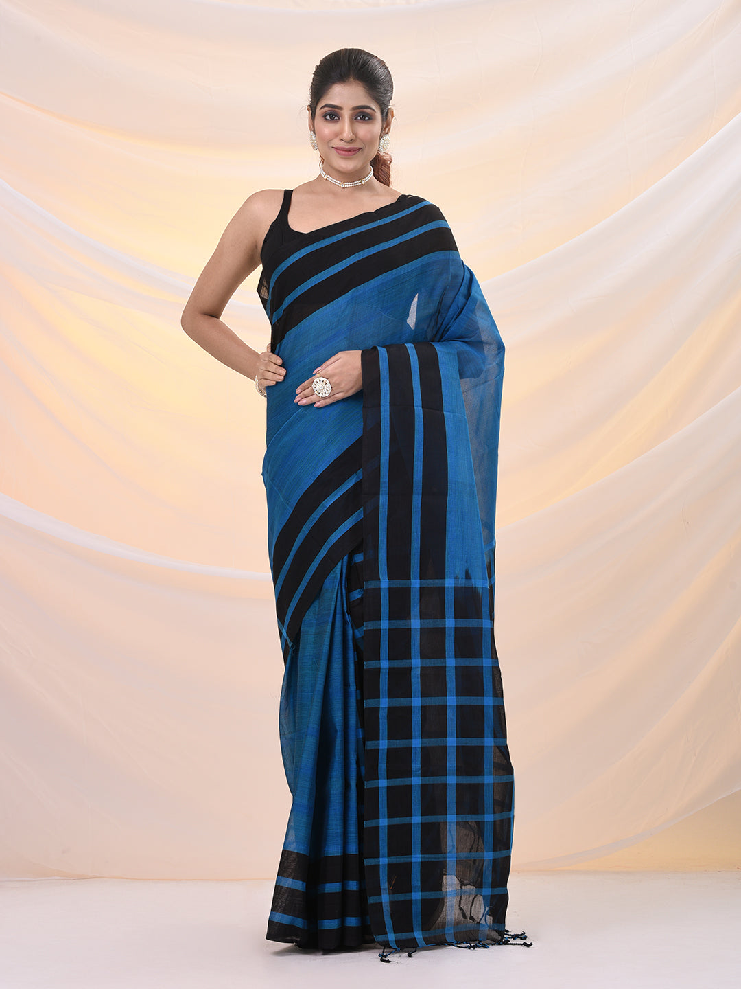 Blue And Black Cotton Handspun Soft Saree With Stripes Borders