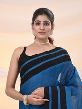 Load image into Gallery viewer, Blue And Black Cotton Handspun Soft Saree With Stripes Borders
