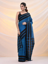 Load image into Gallery viewer, Blue And Black Cotton Handspun Soft Saree With Stripes Borders
