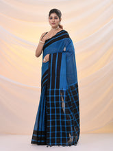 Load image into Gallery viewer, Blue And Black Cotton Handspun Soft Saree With Stripes Borders
