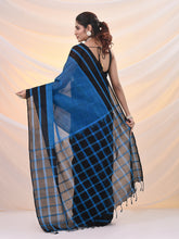 Load image into Gallery viewer, Blue And Black Cotton Handspun Soft Saree With Stripes Borders
