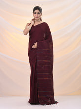 Load image into Gallery viewer, Maroon Cotton Handspun Soft Saree With Stripe Pattern
