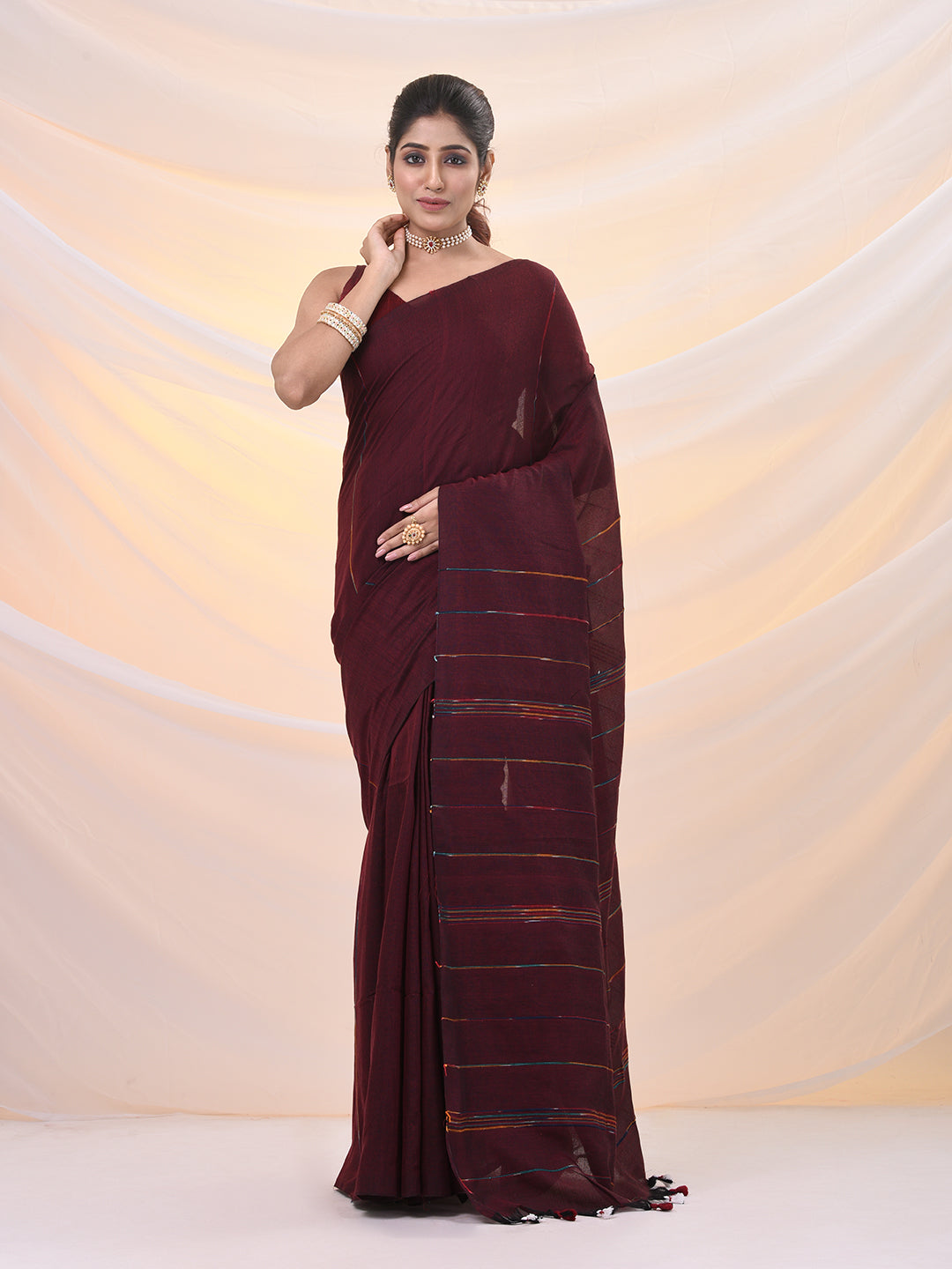Maroon Cotton Handspun Soft Saree With Stripe Pattern