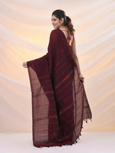Load image into Gallery viewer, Maroon Cotton Handspun Soft Saree With Stripe Pattern
