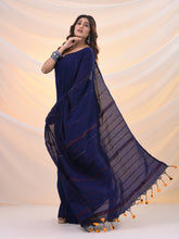 Load image into Gallery viewer, Blue Cotton Handspun Soft Saree With Stripe Pattern
