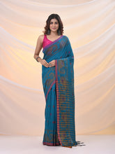Load image into Gallery viewer, Sapphire Blue Cotton Handspun Saree With Woven Nakshi Borders
