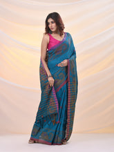 Load image into Gallery viewer, Sapphire Blue Cotton Handspun Saree With Woven Nakshi Borders
