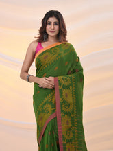 Load image into Gallery viewer, Green Cotton Handspun Saree With Woven Nakshi Borders

