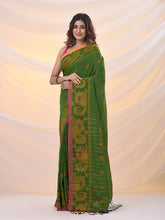 Load image into Gallery viewer, Green Cotton Handspun Saree With Woven Nakshi Borders
