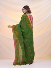 Load image into Gallery viewer, Green Cotton Handspun Saree With Woven Nakshi Borders

