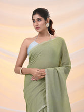 Load image into Gallery viewer, Green Cotton Handwoven Soft Saree With Pompom
