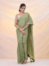 Load image into Gallery viewer, Green Cotton Handwoven Soft Saree With Pompom
