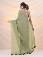 Load image into Gallery viewer, Green Cotton Handwoven Soft Saree With Pompom
