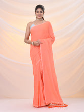 Load image into Gallery viewer, Orange Cotton Handwoven Soft Saree With Pompom

